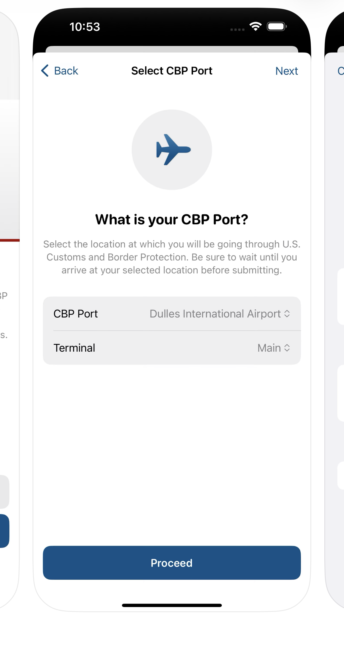 Selección del aeropuerto y preguntas de inspección en la app MPC