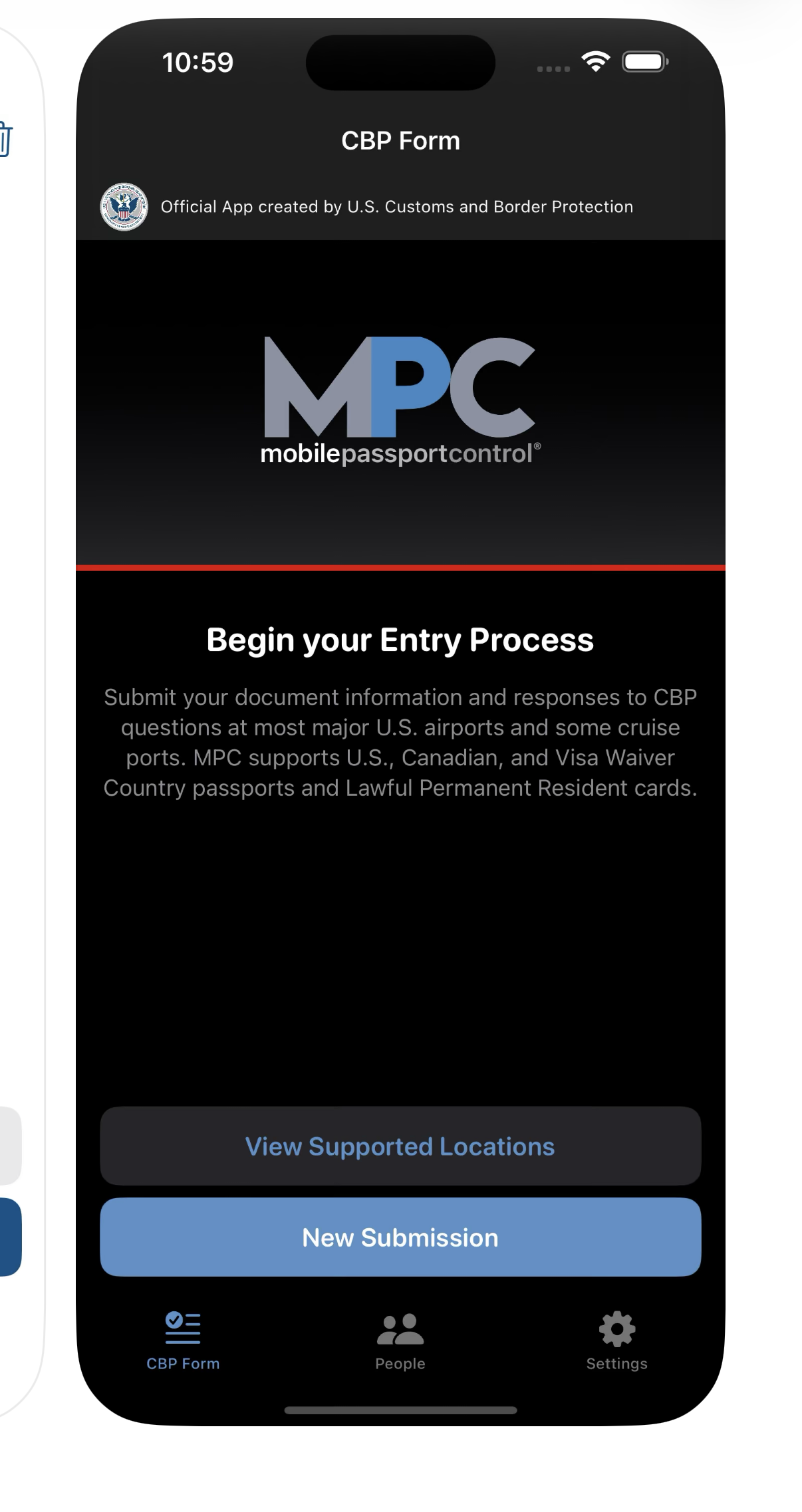 Recibo digital de la app MPC para enseñar al agente de CBP