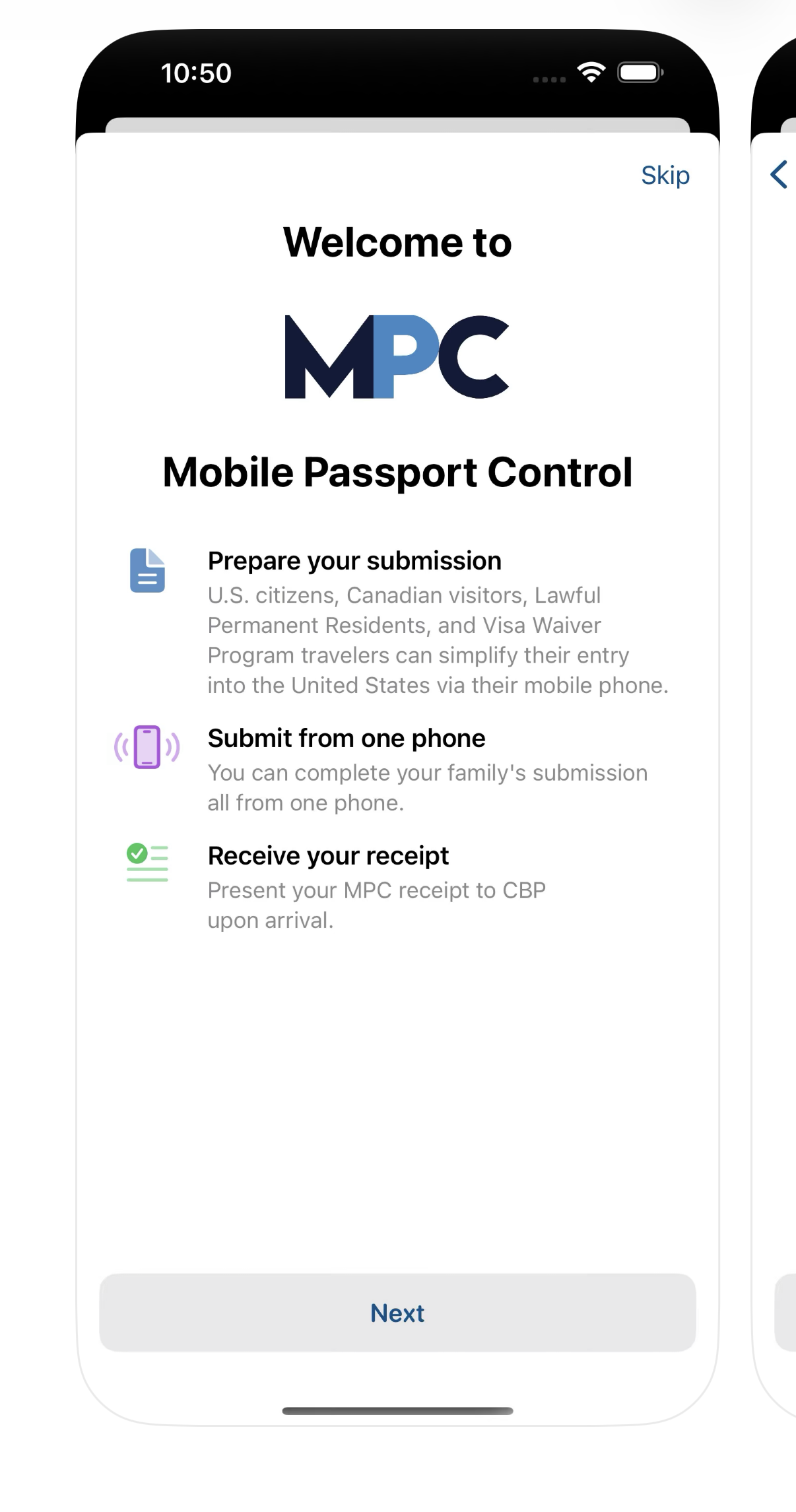 Pantalla de descarga de la app Mobile Passport Control