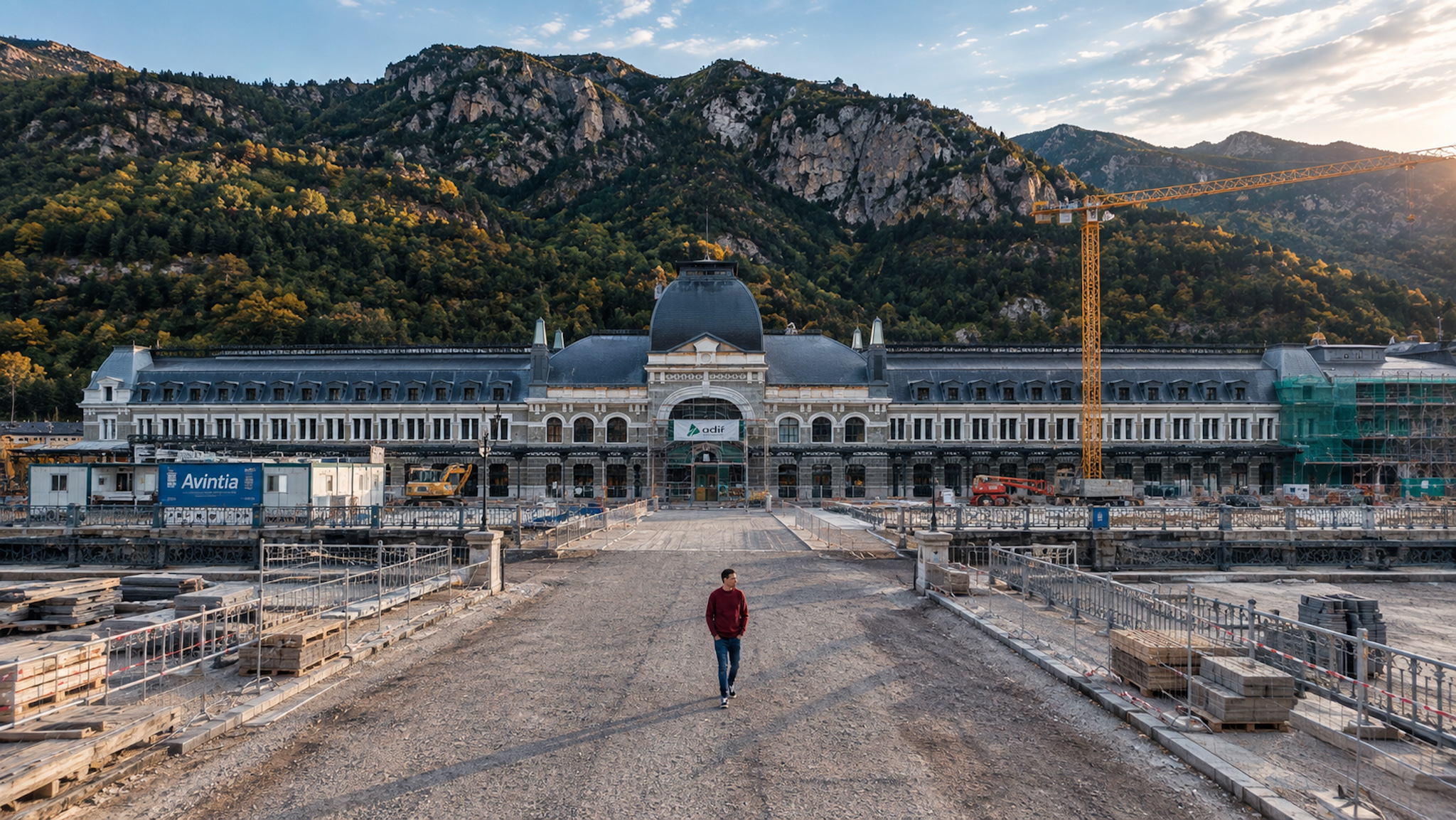 Obras de rehabilitación de la Estación Internacional de Canfranc antes de convertirse en hotel