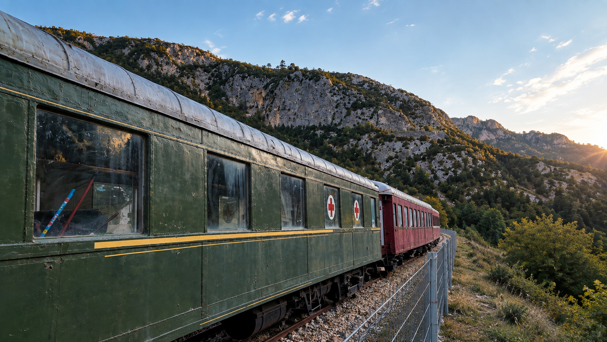 Trenes antiguos junto a la ruta de los búnkeres de Canfranc
